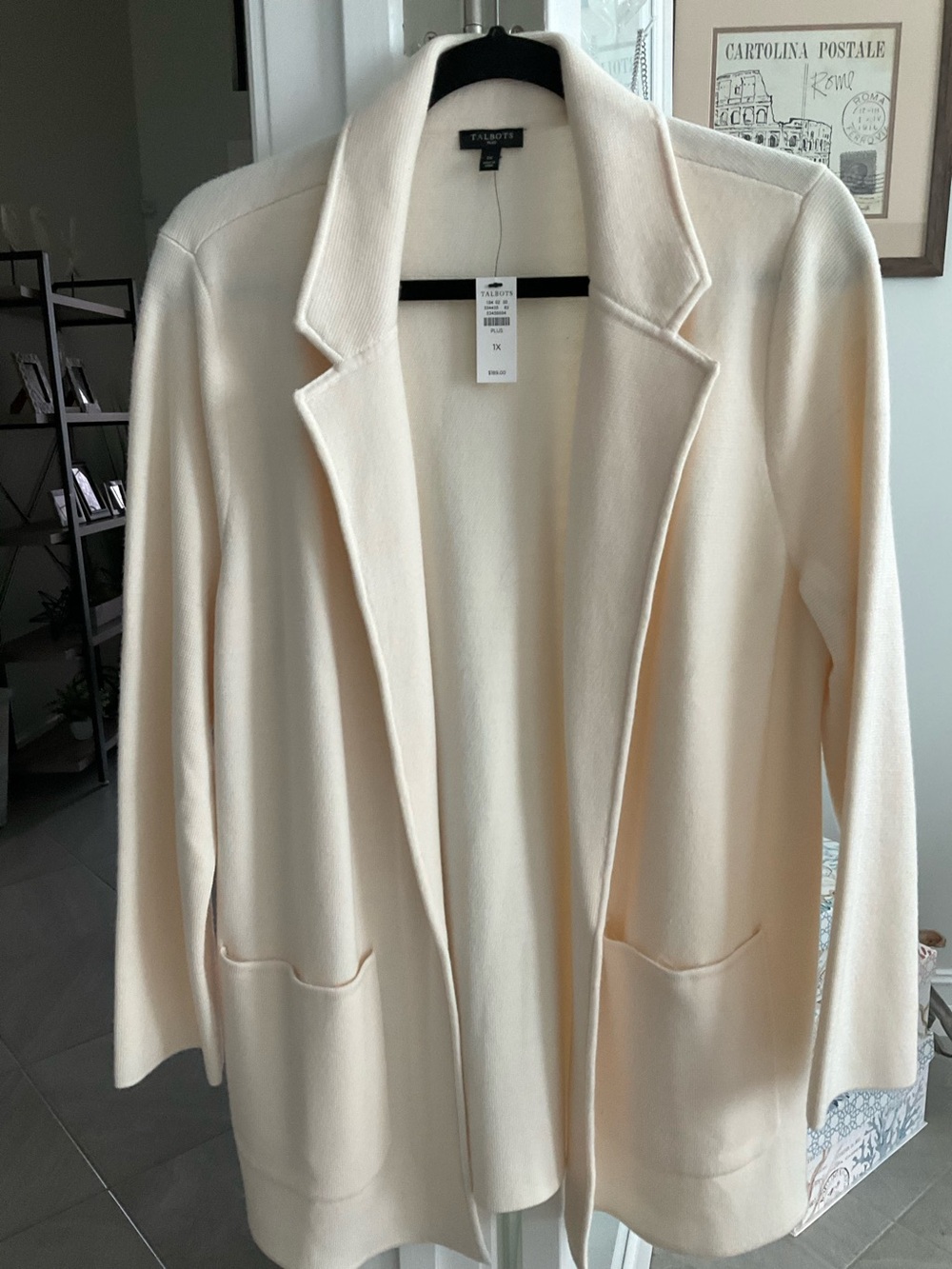 Talbots Cream Open-Front Long Blazer Knit Jacket NWT